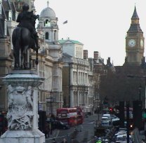 The centre of London. The statue of Charles  and Whitehall